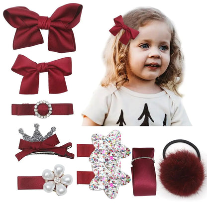 Esumun Lot de 9 Accessoires pour Cheveux pour Filles, Clips à Cheveux et Épingles Florales Doublées, Ensemble de Pinces pour Enfants et Bambins - Coffret Cadeau pour Noël et Nouvel An (set rouge vin)